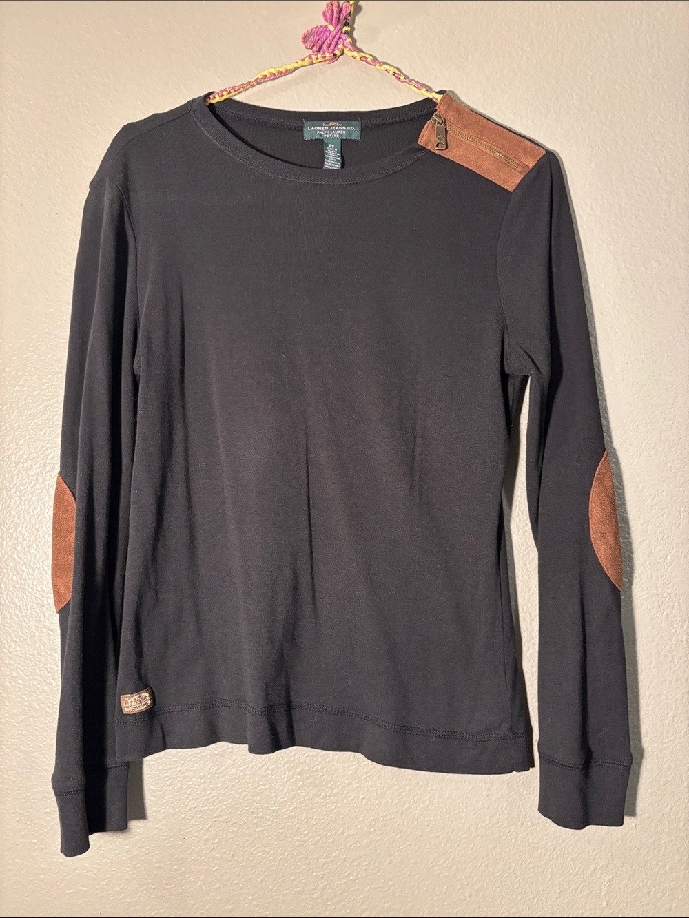 Lauren Ralph Lauren Black Long-Sleeve Top with Brown Suede Accents